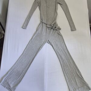 Ribbed Long Sleeve Wide-Leg Jumpsuit - Light Gray